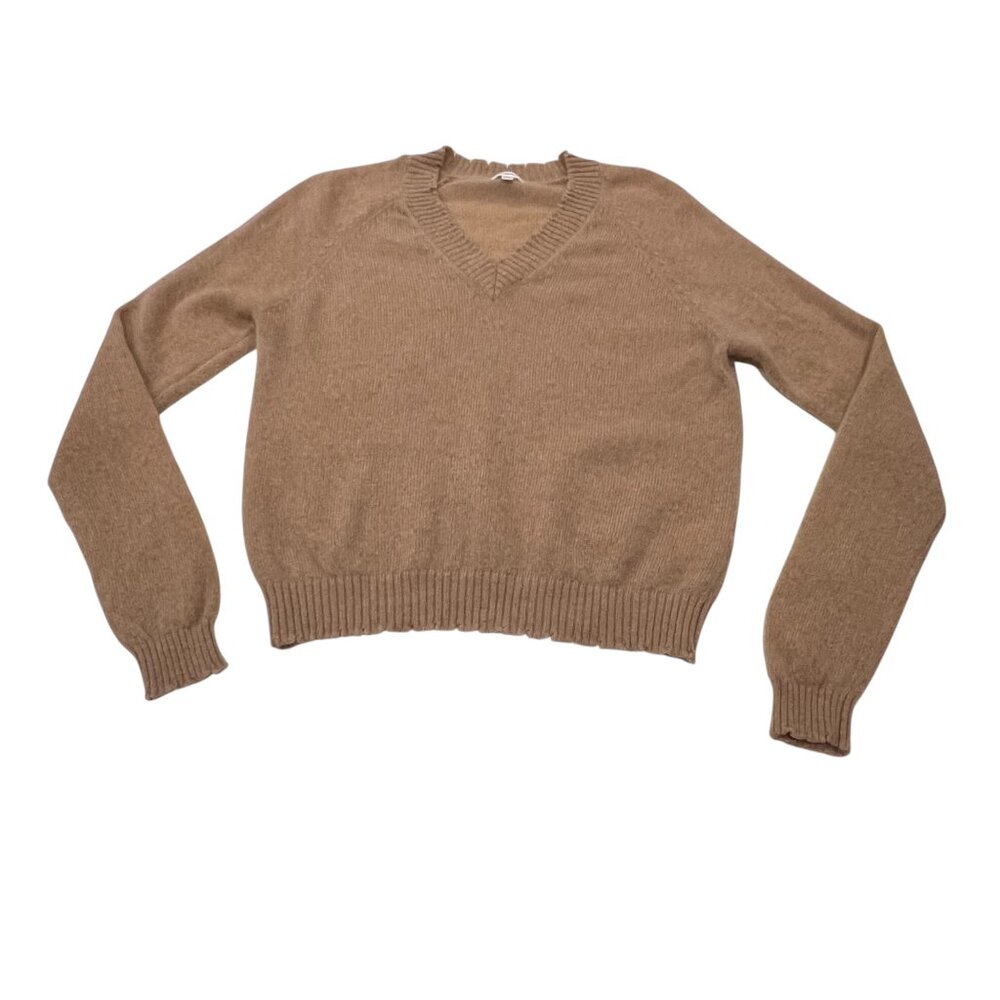 Minnie Rose Cashmere Frayed Edge V-Neck Sweater, Camel S
